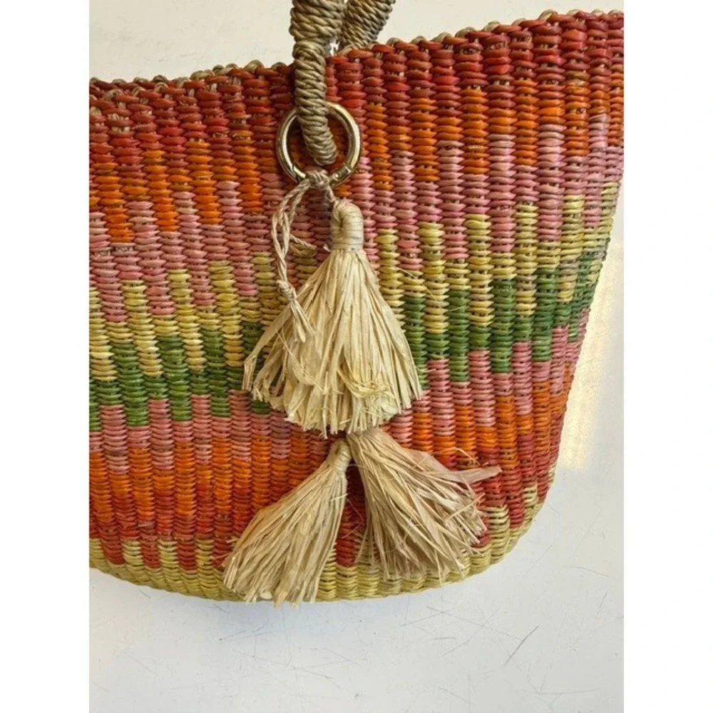 Vintage Bolga Basket Bag Multicolor Woven Tote Raffia Tassel Ghana 1970s Boho